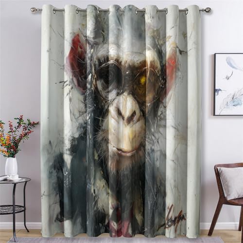 Generisch Schimpansen Vorhänge Wohnzimmer, Verdunklungsvorhänge Ölgemälde Tier mit Ösen, Vorhang Blickdicht mit Muster, Gardinen für Wohnzimmer Deko 2er Set, H 137 X B 117 cm B-G35 von Generisch