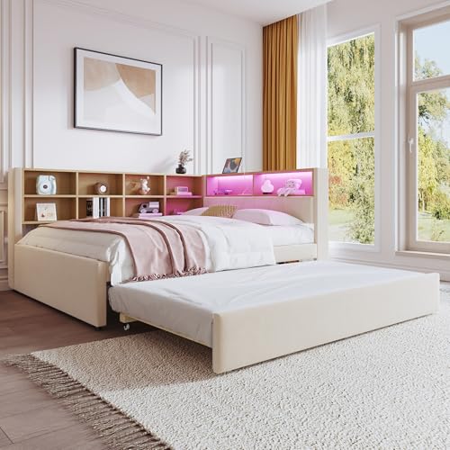 Generisch Schlafsofa 140 * 200,Ausziehbett 90 * 190, ausgestattet mit Leuchten, Steckdosen und vielen Ablagefächern, Polsterbett, Multifunktionsschlafsofa, Einzelbett, Flanell, Beige. von Generisch