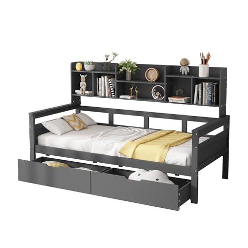Generisch Schlafsofa 90x200, Schubladen und Ablageflächen, Lattenrost, Einzelbett, Massivholzbett (Gray) von Generisch
