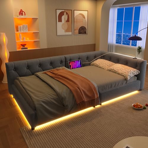 Generisch Schlafsofa Daybett Tagesbett 90x200cm mit LED-Beleuchtung & USB/Type-C – Graues Leinen Design mit Knopftuft-Kopfteil & Lattenrost (ohne Matratze) von Generisch