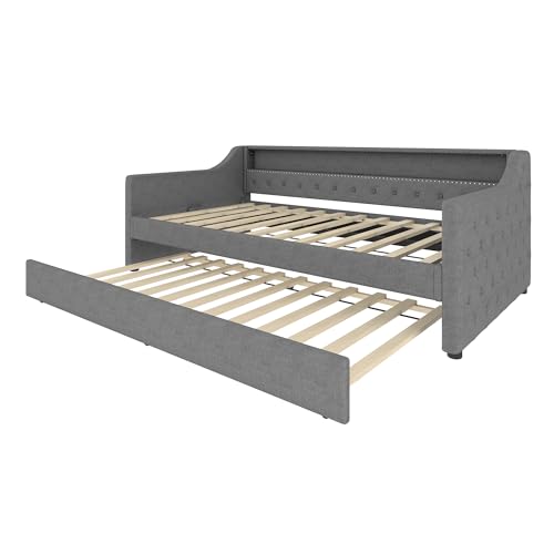Generisch Schlafsofa mit Lattenrost (ohne Matratze), Ambientebeleuchtung mit Fernbedienung, Auszug, USB-Ladebuchse, Leinen, grau 90 x 200 cm von Generisch
