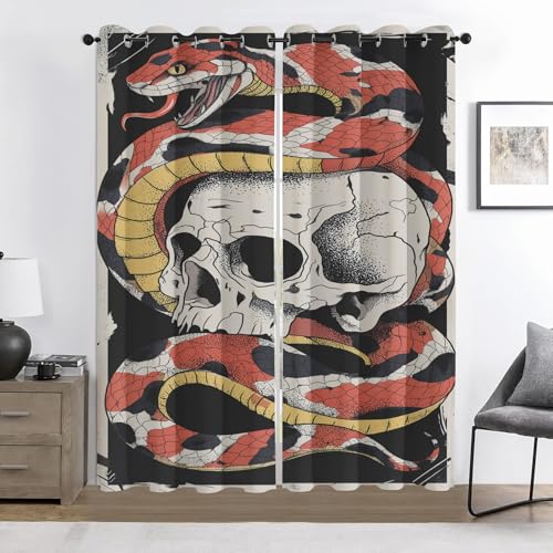 Generisch Schlange Schädel Vorhänge, Gotische Schädel Ösenvorhänge, Schwarz Rot Verdunkelungsvorhänge, Blickdicht, Verdunkelnd, Wärmeisolierend, Schallschutz, 2er-Set, 200 x 214 cm (B x H) von Generisch
