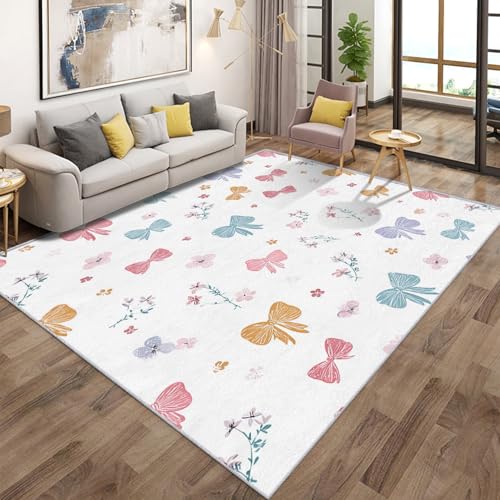Generisch Schleife Bunt Teppich, Teppich Wohnzimmer Bow Blumen Niedlich Mädchen 180x200cm, Kurzflor rutschfest Waschbarer Teppiche, Teppiche für Kinderzimmer Schlafzimmer Jugendzimmer von Generisch