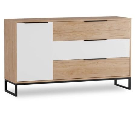 Generisch Schubladenkommode 135 cm Eiche Hickory – Moderne Kommode mit weißem Metallsockel im Industrial-Stil – funktionales Design – Imola – viel Stauraum für Wohnzimmer, Schlafzimmer oder Flur von Generisch