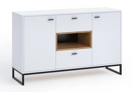 Generisch Schubladenkommode 135 cm weiß – Moderne Kommode mit Metallbasis im Industrial- und Loft-Stil – funktionales Design – Olier – viel Stauraum für Wohnzimmer, Schlafzimmer oder Eingangsbereich von Generisch