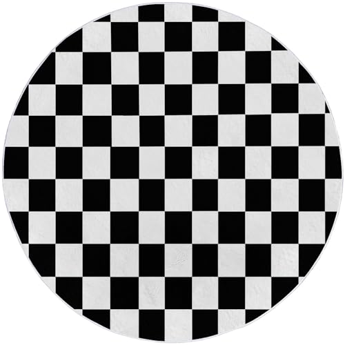 Generisch Schwarz Und Weiß Trendiger Runder Teppich 60 cm Minimalismus Karomuster Weicher Kurzflor Teppich Rund für Wohnzimmer Schlafzimmer oder Kinderzimmer, rutschfest & Waschbar von Generisch