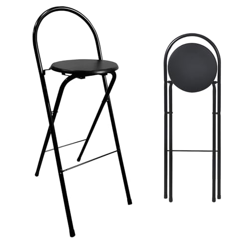 Generisch Schwarzer Klappbarhocker for Erwachsene mit Runder Holz-Sitzfläche, Tragbarer Küchenhochstuhl mit Rückenlehne und Fußstütze, 100kg Belastbarkeit(60cm/24in) von Generisch