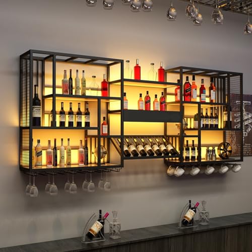 Generisch Schwebende Weinregale zur Wandmontage mit LED-Leuchten und Stielglasaufhänger, großes Flaschenregal im Industriestil for Bars, Wandmontage for Bars und Weinkeller Generisch Schwebende Weinregale zur Wandmontage mit LED-Leuchten und Stielglasaufhänger, großes Flaschenregal im Industriestil for Bars, Wandmontage for Bars und Weinkeller von Generisch