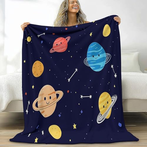 Generisch Sherpa Kuscheldecke Cartoon-Weltraumplanet 150 x 200 cm Flanelldecke, Dunkelblau Mikrofaser Sherpa Fleecedecke Weich Dicke Wohnzimmerdecke Tagesdecke Sofadecke Wohndecke von Generisch
