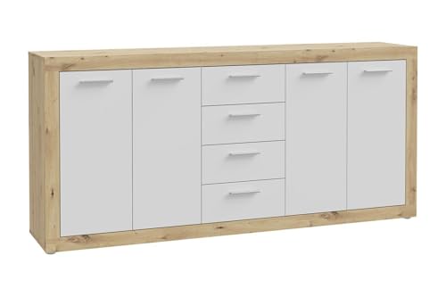 Forte BACCIO Kommode 200, modernes Sideboard mit 4 Schubladen und Türen, Holzwerkstoff, Artisan Eiche Holzdekor | Weiß, 197,1 cm breit x 91,9 cm hoch x 41 cm tief von Forte