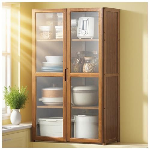 Generisch Sideboard Anrichte Buffet Schrank Küchenschränke mit Verstellbaren Ablagen und Sichtbare Abdecktür, Natürlicher Bambus Buffetschrank, Kaffee Bar Akzent Schrank,Braun,60cmx100cm von Generisch