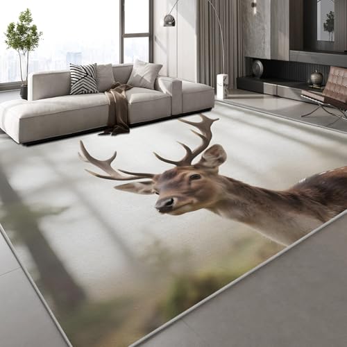 Generisch Sikahirsch Tier Teppich Kinderteppich Modern 3D Wald Natur Teppich Kinderzimmer Kurzflor Teppiche rutschfeste Spielteppiche für Schlafzimmer Wohnzimmer Zimmer 50x80 cm von Generisch