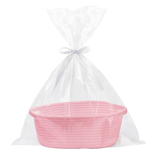 Generisch Small Basket with Bag and Ribbons 12"x 8" X 5" Cute Small Woven Basket Rope Shelf Toys Storage Basket with Handle Decorative Empty Basket Körbe Für Unter Dem Bett (Pink, A) von Generisch