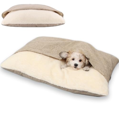 Generisch Snootzi Snuggleburrow Bed, Snoozie Kuschelhöhle mit angenähter Decke, Dackelhöhle, Hundebett mit abnehmbarem Bezug, Anti-Angst-Haustierbett mit Kapuze für kleine (Khaki, L: 75 x 60 cm) von Generisch