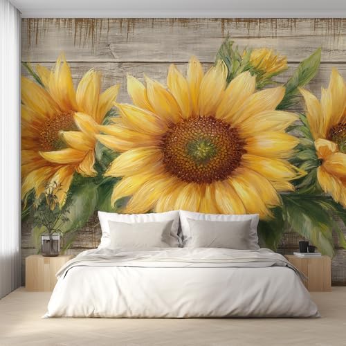 Generisch Sonnenblume Tapete, Fototapete Ländliche Blumen Rustikal, Vliestapete für Schlafzimmer Wohnzimmer, Wand Deko Tapeten, Wandverkleidung 500x350 cm D&O63 von Generisch