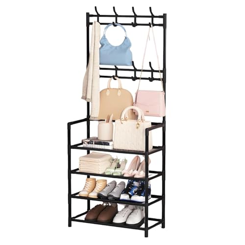 Generisch Stabiler Garderobenständer mit Schuhablage und 8 Haken – 3-in-1 Design aus Metall für Flur und Eingangsbereich – Maße: 60 x 26 x 151 cm / 60 x 26 x 167 cm(Black,5-Tier) von Generisch