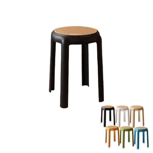 Generisch Stapelbar Esszimmerhocker aus Kunststoff，Stapelbarer Hocker Rattan Sitzhocker Rückenfreie Runde Hocker für Esszimmer, Küche, Wohnzimmer, 46cm Hoch(Black) von Generisch