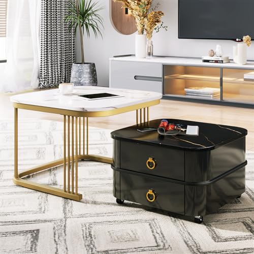 Generisch Stapelbarer Couchtisch: Hochglänzende Marmoroptik Und Glasplatte, Goldene Akzente, Beistelltisch Mit Schubladen. Zweiteiliges Set,Schwarz von Generisch