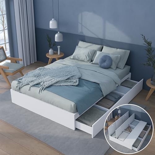 Generisch Stauraumbett 140 × 200 cm, Palettenbett/Massivholzbett mit Stauraum, 2 Schubladen & Box, Weiß, ohne Matratze Generisch Stauraumbett 140 × 200 cm, Palettenbett/Massivholzbett mit Stauraum, 2 Schubladen & Box, Weiß, ohne Matratze von Generisch