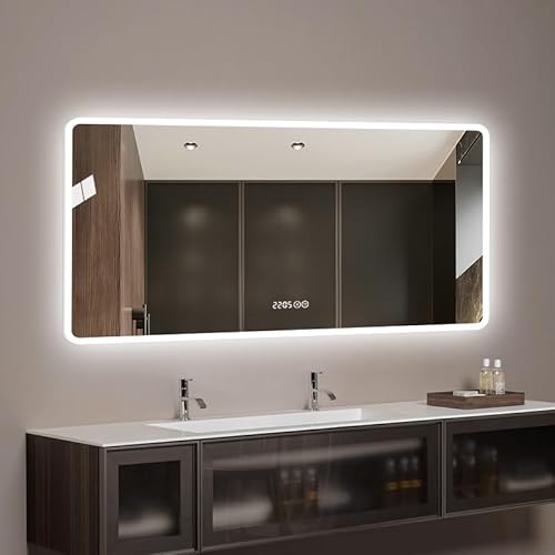 Generisch Store Six LED Bathroom Mirror, 150 x 80 cm Mirror, Shatterproof, Anti-Fog, Double Rear and Front LED Lighting, Dimmable with 3 Colour Modes, Time & Temperature Display [Energy Class G] von Generisch