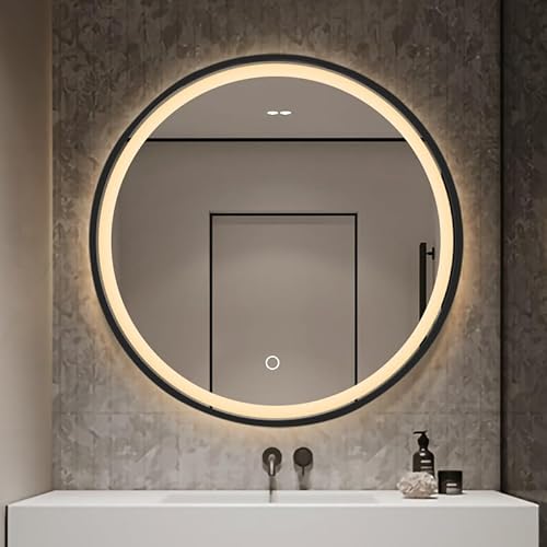 Generisch Store Six LED Spiegel Round 70 cm mit Shwarz Rehmen – Antibeschlag, dimmbar mit 3 Farbmodi doppelte Hinter- und Vorderseitige LED-Beleuchtung, Memory-Touch-Steuerung von Generisch