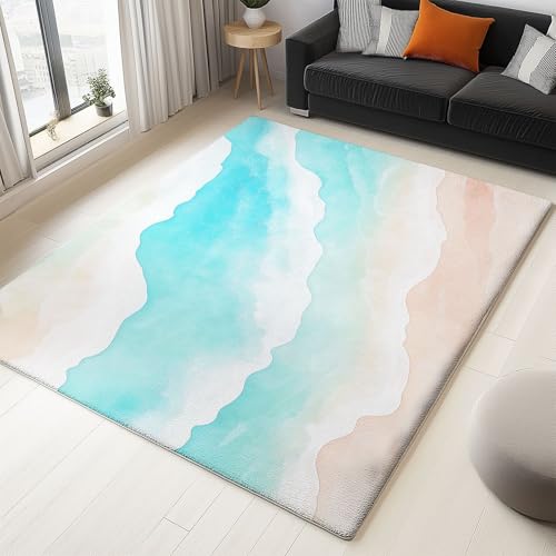 Generisch Strand Naturlandschaft Teppich Wohnzimmer 160x230cm, Kurzflor Teppich Schlafzimmer, Waschbar Super Weich Langlebig Rutschfester Teppichen für Kinderzimmer, Esszimmer, Hellblau von Generisch