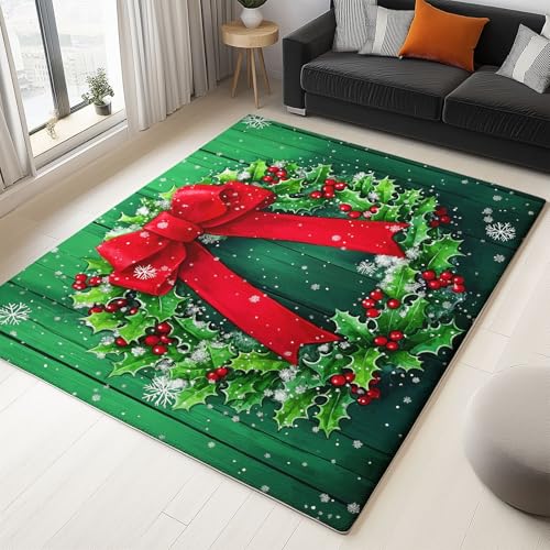 Generisch Surrealistisches Weihnachtsthema Kranz Teppich Wohnzimmer 80x150cm Kurzflor rutschfest Teppich Schlafzimmer Grün Waschbarer läufer Kinderzimmer für Küche esszimmer fussmatte von Generisch