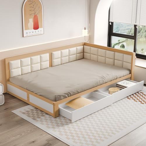 Generisch TOBIDOEN Holzbett Sofabett 140x200 mit 2 große Schubladen, Daybed Schlafsofa mit Lattenrost und weiche Rückenlehnenform, Einzelbett Gästebett, Kiefer, Holzfarbe von Generisch