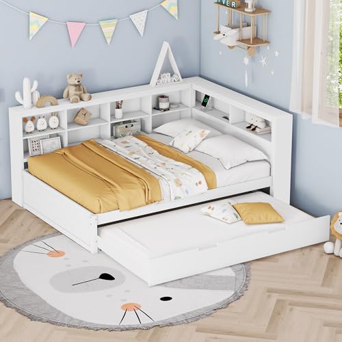 Generisch TOBIDOEN Multifunktionsbett Massivholzbett 140x200 mit Stauraum und Ausziehbett, L-förmiges Schlafsofa mit Mehreren Ablagefächern, A(Weiß) von Generisch