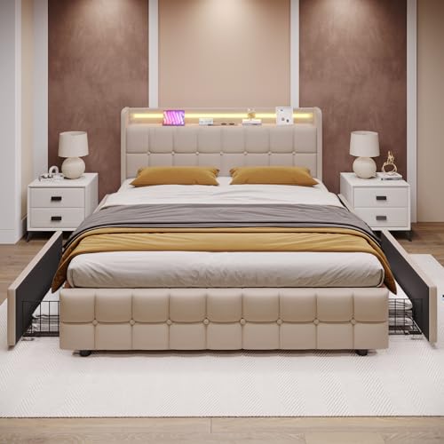 Generisch TOBIDOEN Polsterbett 180 x 200 cm, Doppelbett mit Multifunktionalem Kopfteil und 4 Schubladen, Leinen, Lattenrost aus Holz, Ohne Matratze, Beige von Generisch