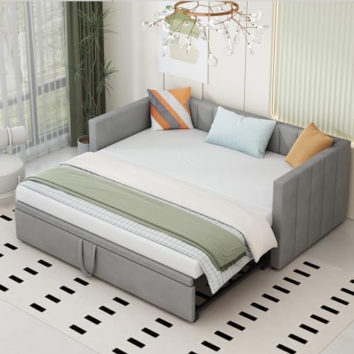 Generisch TOBIDOEN Polsterbett Schlafsofa Ausziehbar zum Doppelbett 90/180x200 cm mit Lattenrost aus Holz, l Sofa mit Schlaffunktion mit Ausziehbett, Samtstoff, Hellgrau von Generisch