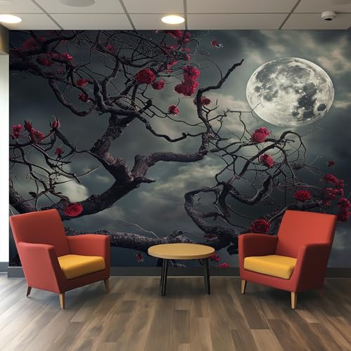 Generisch Tapete Gothic Mond, Fototapete Abgestorbene Bäume Rote Rose, Vliestapete für Schlafzimmer Wohnzimmer, Wand Deko Tapeten, Wandverkleidung 396x280 cm D&O26 von Generisch