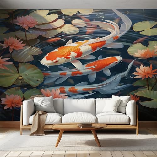 Generisch Tapete Koi Fisch, Fototapete Lotus Teich, Vliestapete für Schlafzimmer Wohnzimmer Kinderzimmer, Tapeten Moderne Wandtapete, 3D Wandverkleidung 450x315 cm von Generisch