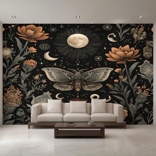 Generisch Tapete Motte, Fototapete Mond Vintage Pflanze, Vliestapete für Schlafzimmer Wohnzimmer, Wand Deko Tapeten, Wandverkleidung 500x350 cm D&O68 von Generisch