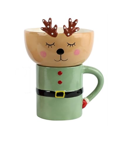 Generisch Tasse mit Müslischale Set Weihachten Rentier rot - braun Weihnachtsgeschirr Frühstück Schale mit Kaffeetasse von Generisch