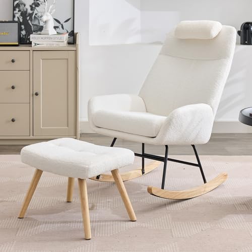 Generisch Teddy Samt Schaukelstuhl, Schaukelsesselmit Rückenlehne Sessel Relaxsessel mit Kopfstütze Fußstütze bis 120 kg Belastbarkeit für Schlafzimmer, Wohnzimmer, weißer von Generisch