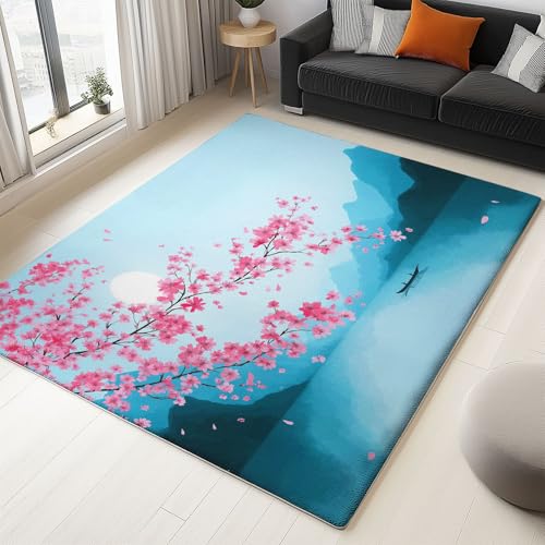 Generisch Teppich 120 x 170 cm rutschfest Waschbar Kurzflor Teppich, Natur Kirschblüten Berge Boote fussmatte für Schlafzimmer Kinderzimmer Wohnzimmer Büro Hellblau robuster Läufer Generisch Teppich 120 x 170 cm rutschfest Waschbar Kurzflor Teppich, Natur Kirschblüten Berge Boote fussmatte für Schlafzimmer Kinderzimmer Wohnzimmer Büro Hellblau robuster Läufer von Generisch