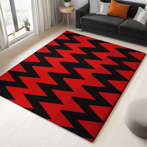 Generisch Teppich 180 x 240 cm rutschfest Waschbar Kurzflor Teppich, Dreieck Wellenlinien Muster fussmatte für Schlafzimmer Kinderzimmer Wohnzimmer Büro Rot-Schwarz robuster Läufer von Generisch
