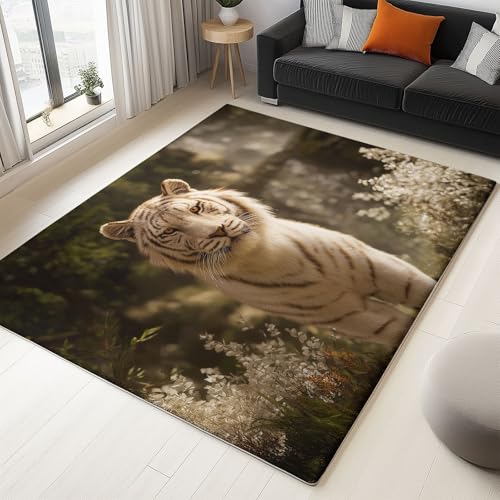 Generisch Teppich 3D Fantasie Weißer Tiger Porträt für Teenager Mädchen Kurzflor Teppiche, Schlafzimmer Wohnzimmer Innenmatte - Waschbar Grau Weiß rutschfeste Matte 80x150 cm Krabbelmatte für Kinder von Generisch