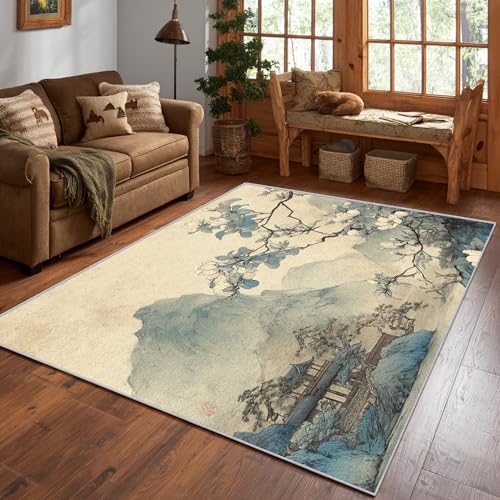 Generisch Teppich Berg Pavillon Blumen Zweig Wohnzimmer 160x230 Waschbar, Landschaftsmalerei Chinesisch Teppiche Gegend Schlafzimmer Deko & Wohnaccessoires, Kurzflor, Weich, rutschfest von Generisch