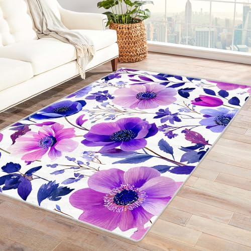 Generisch Teppich Blumen Aquarell Muster maschinenwaschbarer Eingangsteppich mit Rutschfester Rückseite,für Wohnzimmer, Küche, Badezimmer, Eingangsbereich, Waschküche(Violett)-240x300cm von Generisch
