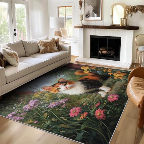 Generisch Teppich Calico Katze, 60x90, Klein Fußmatte Eingangsbereich, Blumen Kätzchen Motiv Design Zimmer Deko, Waschbar, rutschfest, Kurzflor, Weich von Generisch