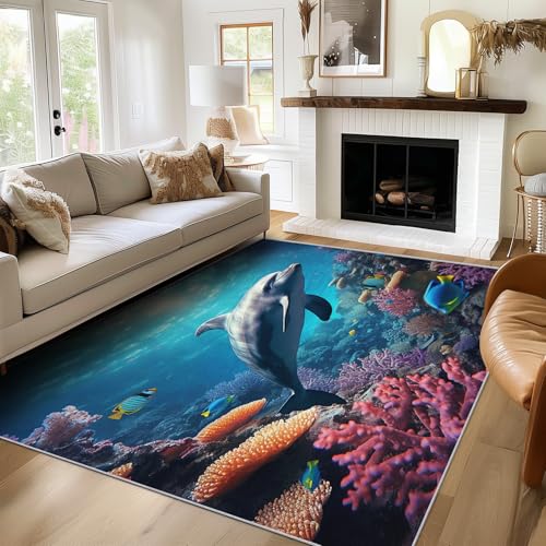 Generisch Teppich Delphin, 60x90, Klein Fußmatte Eingangsbereich, Blaues Meeresleben Motiv Design Zimmer Deko, Waschbar, rutschfest, Kurzflor, Weich von Generisch