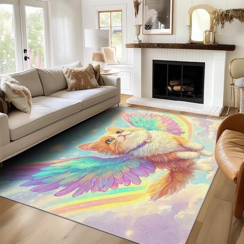 Generisch Teppich Engelkatze, 160x200, Wohnzimmer Schlafzimmer, Kätzchen Regenbogen Motiv Design Zimmer Deko, Waschbar, rutschfest, Kurzflor, Weich von Generisch