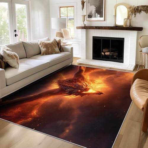 Generisch Teppich Feuriger Drache, 160x200, Wohnzimmer Schlafzimmer, Fantasietier Motiv Design Zimmer Deko, Waschbar, rutschfest, Kurzflor, Weich von Generisch