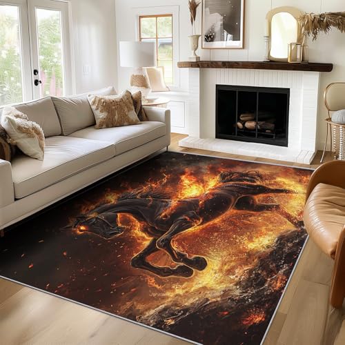 Generisch Teppich Flammenpferd, 160x200, Wohnzimmer Schlafzimmer, Fantasietiere Motiv Design Zimmer Deko, Waschbar, rutschfest, Kurzflor, Weich von Generisch