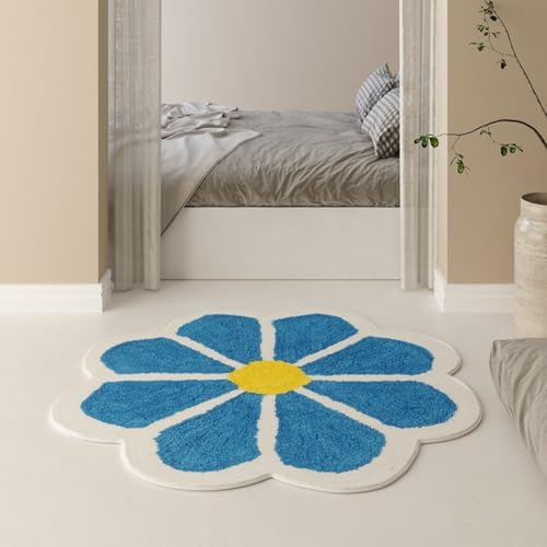 Generisch Teppich Flauschig Cute Badematte, Kinderteppich Mädchen Teppich Weich Blumenform, Waschbarer Badteppich, Runde Blumen-Bodenmatte, Waschbare Badewannenmatte (Blau,80cm) von Generisch
