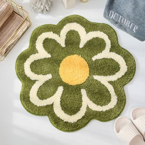 Generisch Teppich Flauschig Cute Badematte, Kinderteppich Mädchen Teppich Weich Blumenform, Waschbarer Badteppich, Runde Blumen-Bodenmatte, Waschbare Badewannenmatte (Grün,80cm) von Generisch