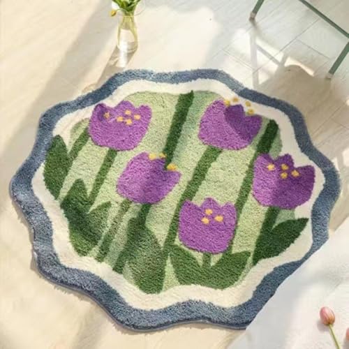 Generisch Teppich Flauschig Cute Badematte, Kinderteppich Mädchen Teppich Weich Blumenform, Waschbarer Badteppich, Runde Blumen-Bodenmatte, Waschbare Badewannenmatte (Lila,60cm) von Generisch