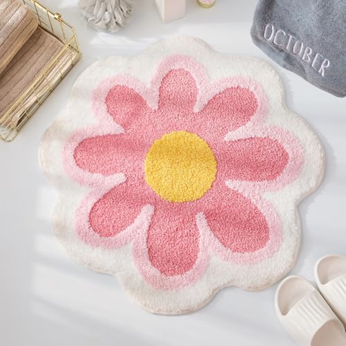 Generisch Teppich Flauschig Cute Badematte, Kinderteppich Mädchen Teppich Weich Blumenform, Waschbarer Badteppich, Runde Blumen-Bodenmatte, Waschbare Badewannenmatte (Rosa,80cm) von Generisch